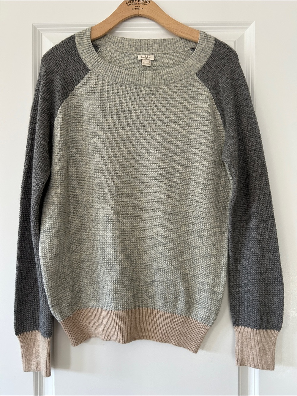 J Crew Color-Block Waffle Knit Sweater Sz Lg w MEASUREMENTS Grey Tan